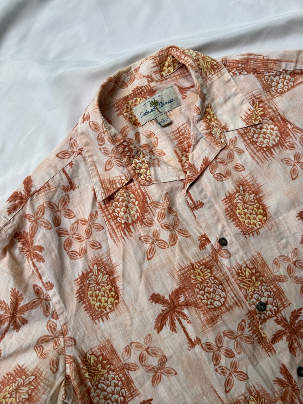 Island Shores Retro Pineapple Camp Shirt - Peach & Cream 100% Cotton Large